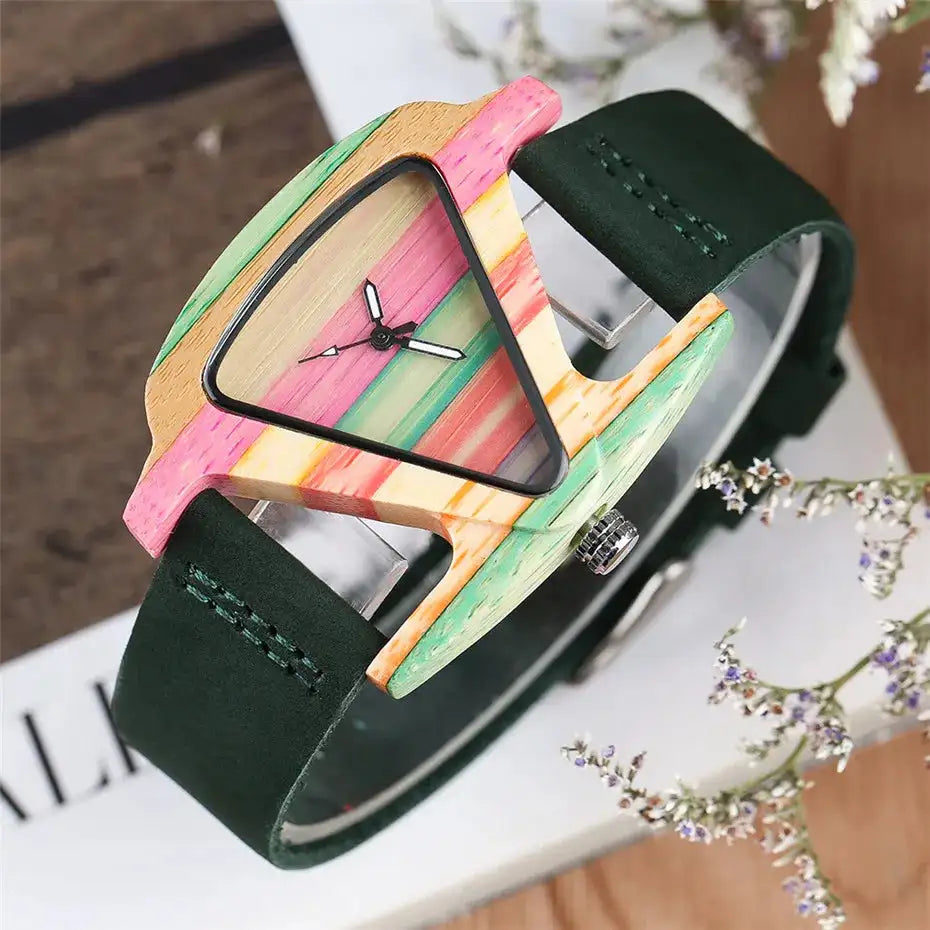 Unique Triangle Women's Wood Watch Creative Colorful Lady Green/ Red Genuine Leather Wristwatch Elegant Womens Watches Top Gifts