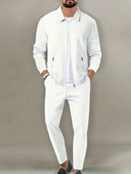 Men's Slim Fit Jacket with Zipper Pocket, Long Sleeved Sportswear, Cardigan Jacket Set, Long Pants, Elegant, two-Piece Set