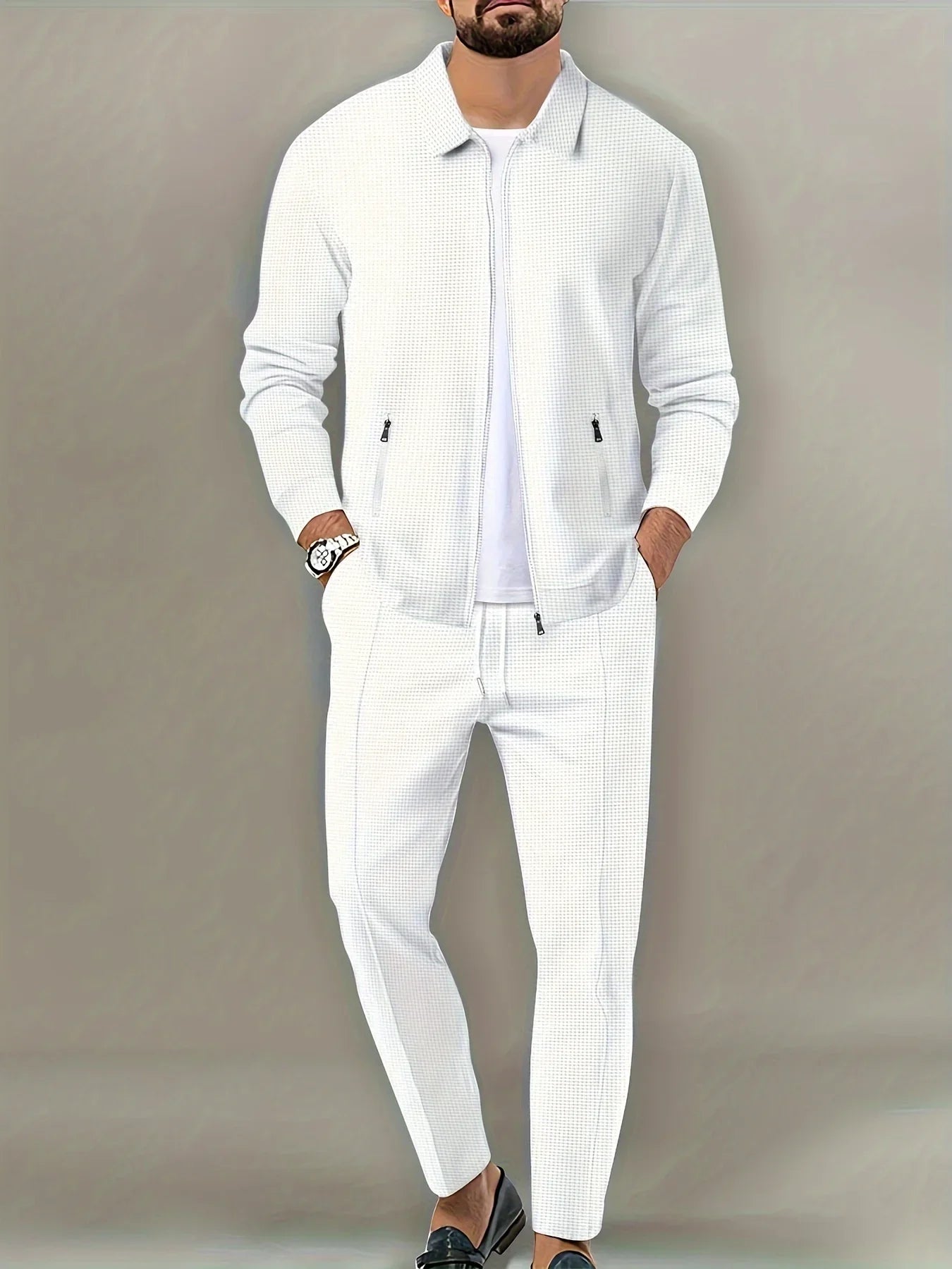 Men's Slim Fit Jacket with Zipper Pocket, Long Sleeved Sportswear, Cardigan Jacket Set, Long Pants, Elegant, two-Piece Set