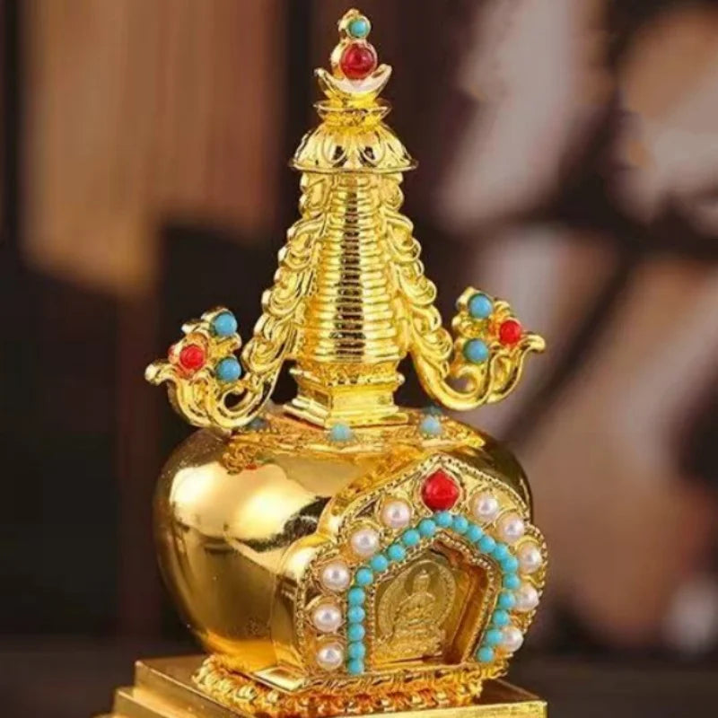 Buddha Statue Pagoda,Engraving Inlaid Gem Tibetan Alloy Double-Layer Tower,Altars Stupa,Buddhist Item Religious Decorative Lootquake LLC