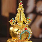 Buddha Statue Pagoda,Engraving Inlaid Gem Tibetan Alloy Double-Layer Tower,Altars Stupa,Buddhist Item Religious Decorative Lootquake LLC