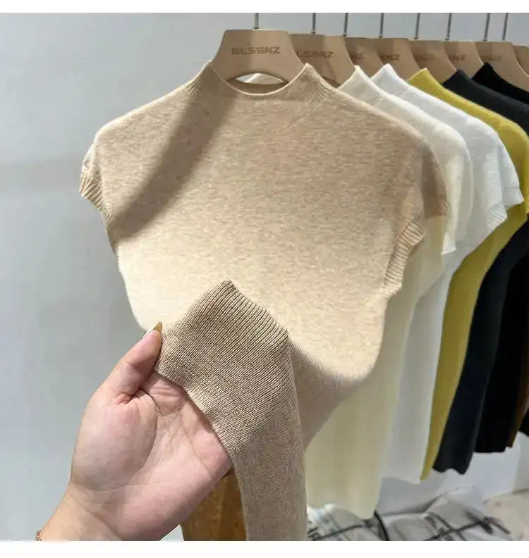 Half High Collar T-shirts Flying Sleeve Design Slim Knitted Sleeveless Top Women Simple Comfortable White T-shirts Summer 2025