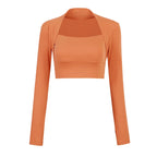 Padded Yoga Shirts Long Sleeve  Crop Tops Low Cut Gym Shirt
