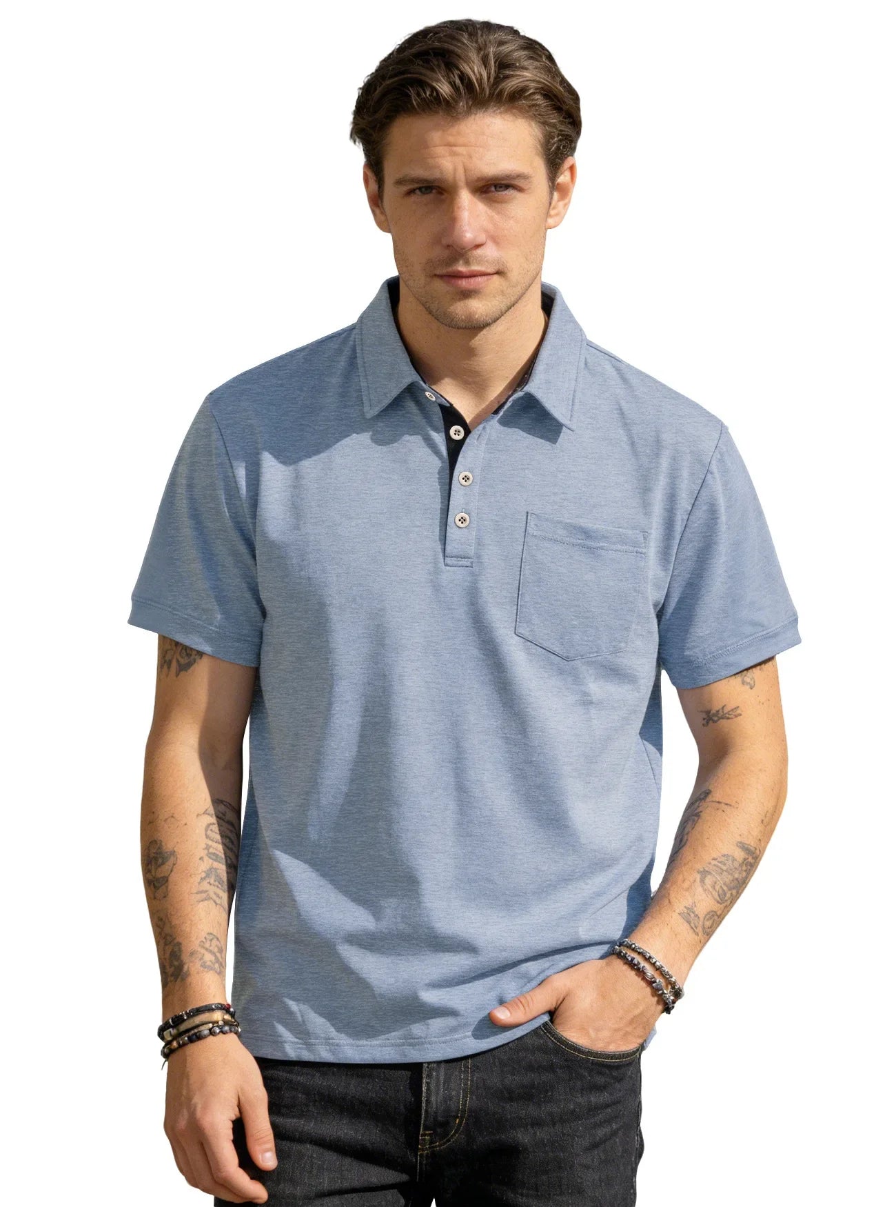 Men's Casual Business Polo Shirt Lapel Collar Chest Pocket Loose Short Sleeve Summer Daily Wear 2026 Summer New Men's Polo Shirt