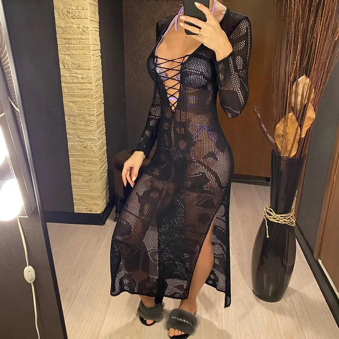 Deep V Dress Lace Up Long Sleeve Women Split Maxi Dress Crochet Knitted Tunic Mesh Sheer Sexy Bodycon Long Dress Vestido V4146B