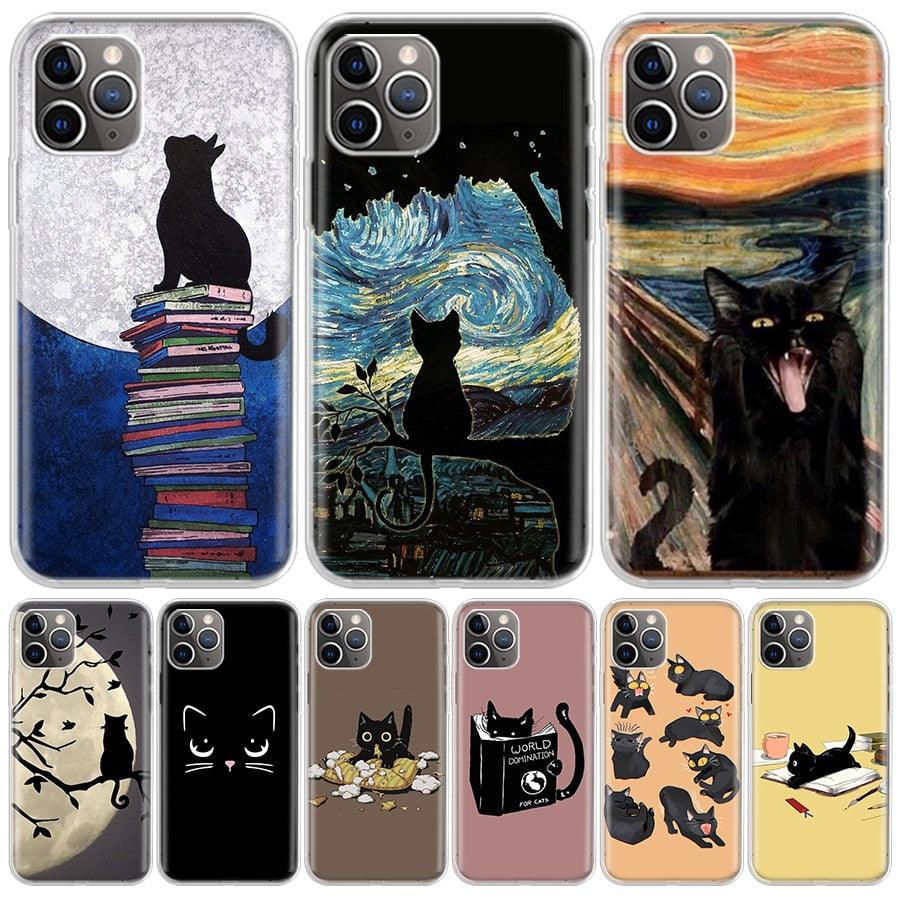 Black Cat Cartoon Cute For Iphone 11 13 14 Pro Max 12 Mini Phone Case X Xs Xr 6 6s 8 7 Plus Se 5 5s Cover Cute Funny Aesthetic Cat Design Pattern Silicone Soft Phone Case Stevvex