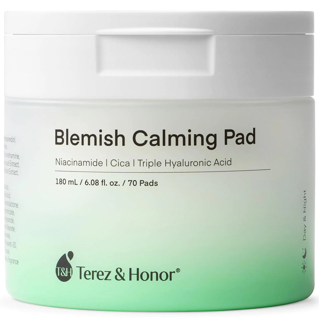 Terez & Honor Blemish Calming Toner Pads Korean - Facial Cotton Toner Pad for Face Korean Skin Care with Centella Asiatica Niacinamide Hyaluronic Acid - 2 Pack