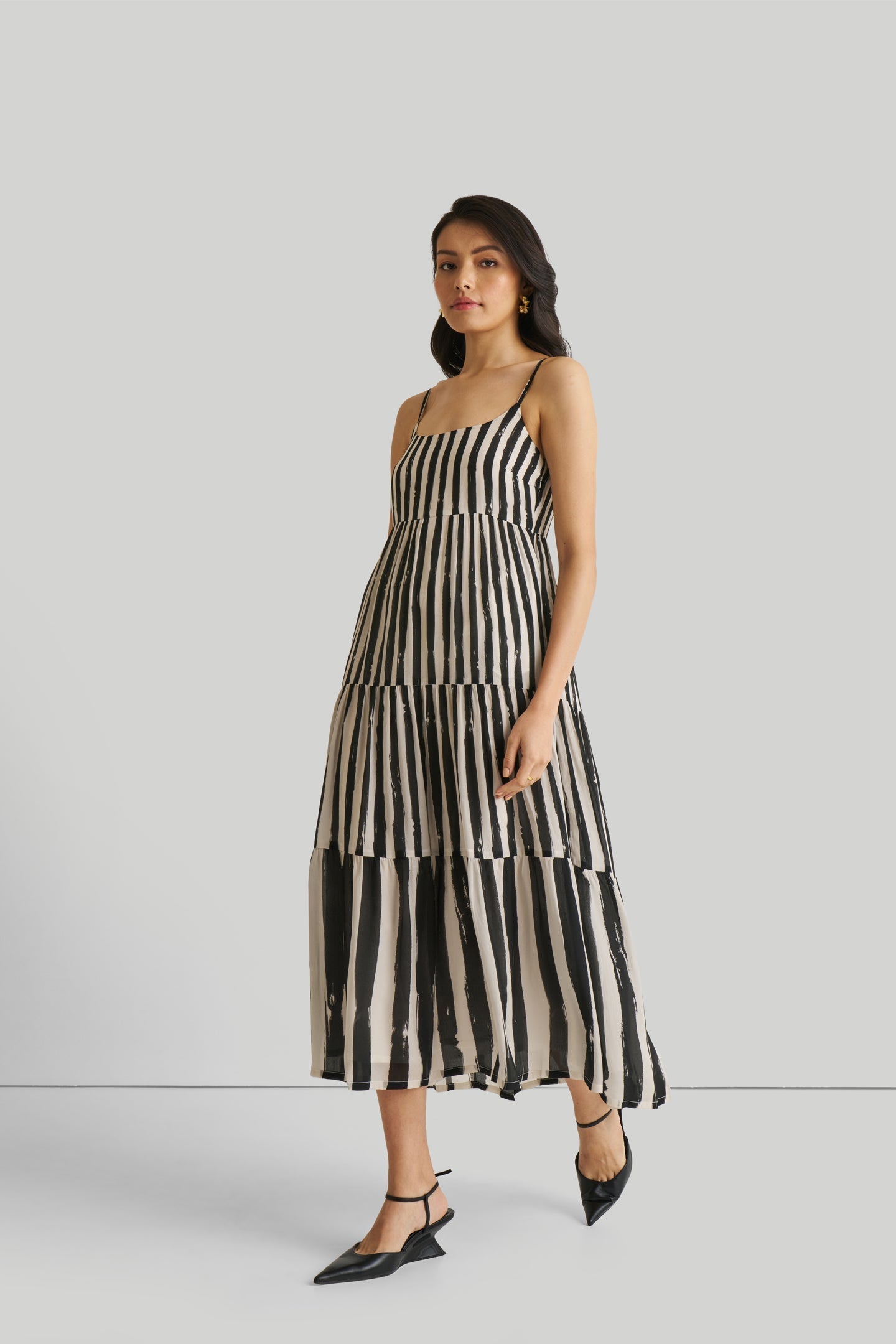 Strappy Tiered Maxi Dress in Black Stripes Purplish Diva