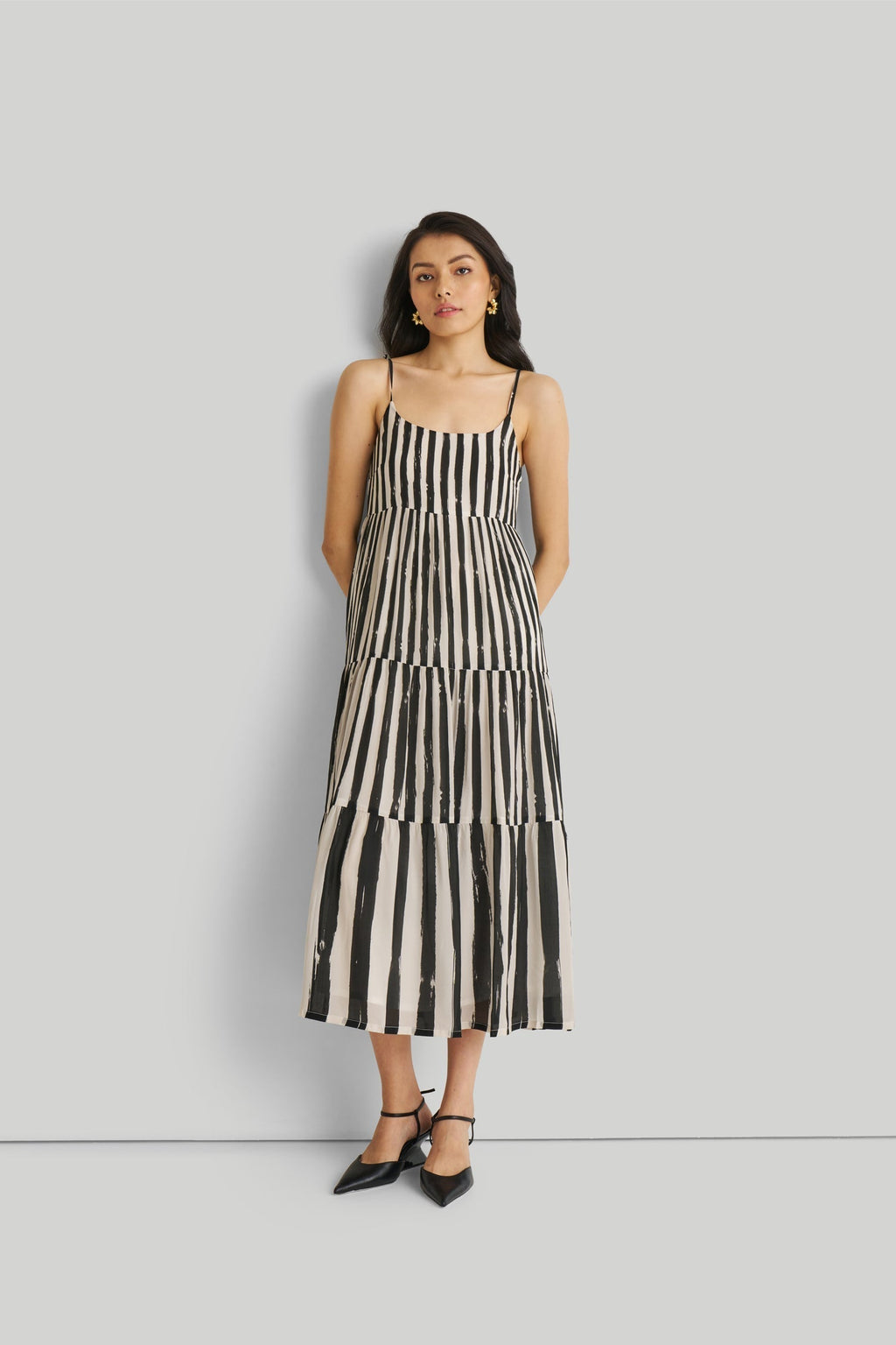 Strappy Tiered Maxi Dress in Black Stripes Purplish Diva