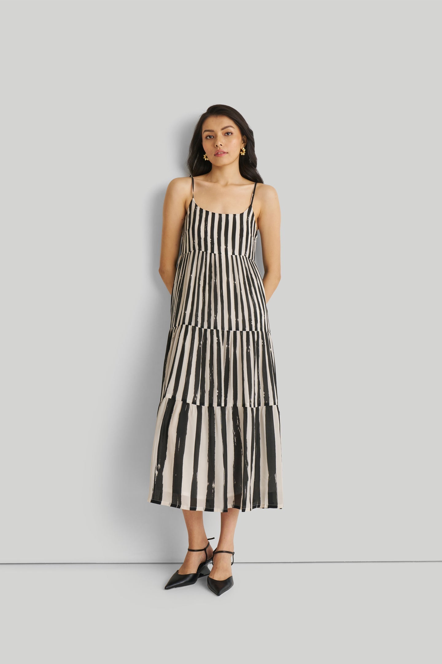 Strappy Tiered Maxi Dress in Black Stripes Purplish Diva