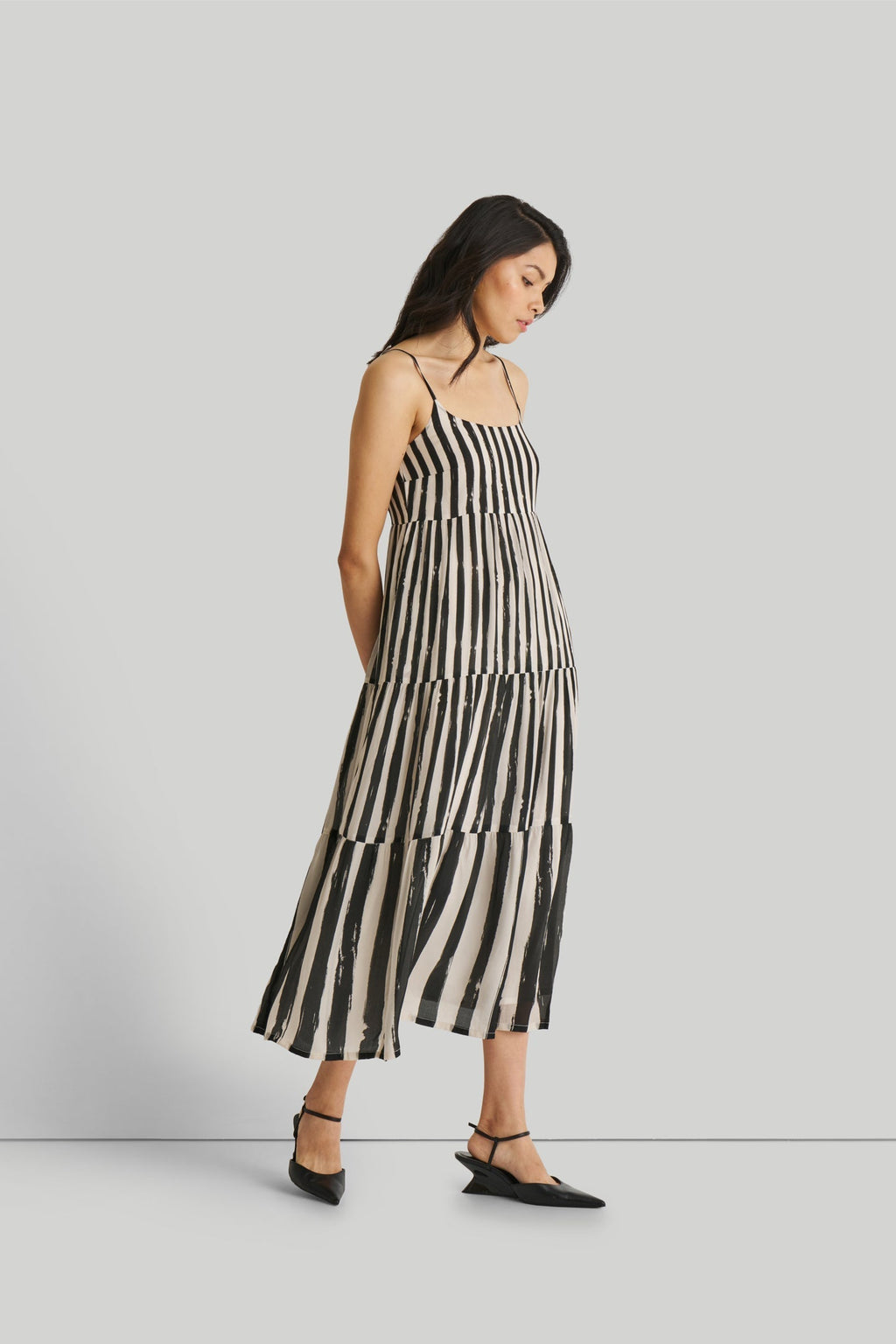 Strappy Tiered Maxi Dress in Black Stripes Purplish Diva