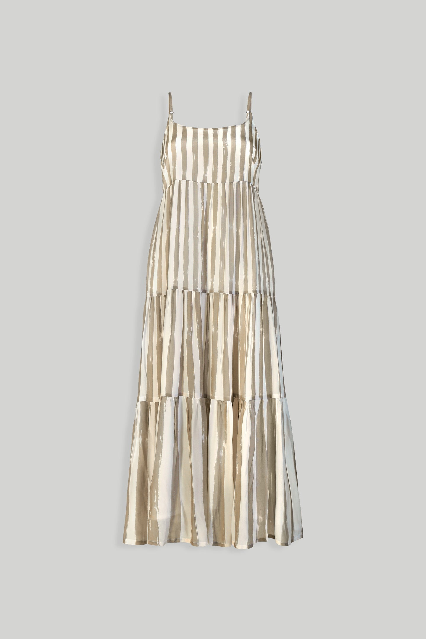 Strappy Tiered Maxi Dress in Beige Stripes Purplish Diva