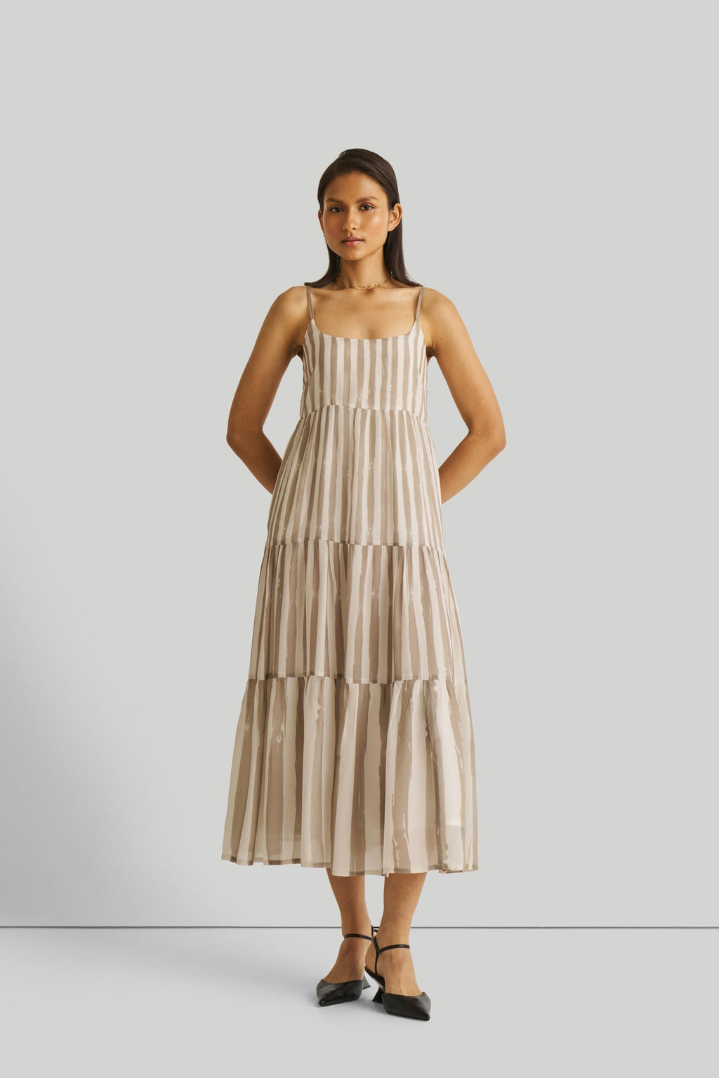 Strappy Tiered Maxi Dress in Beige Stripes Purplish Diva