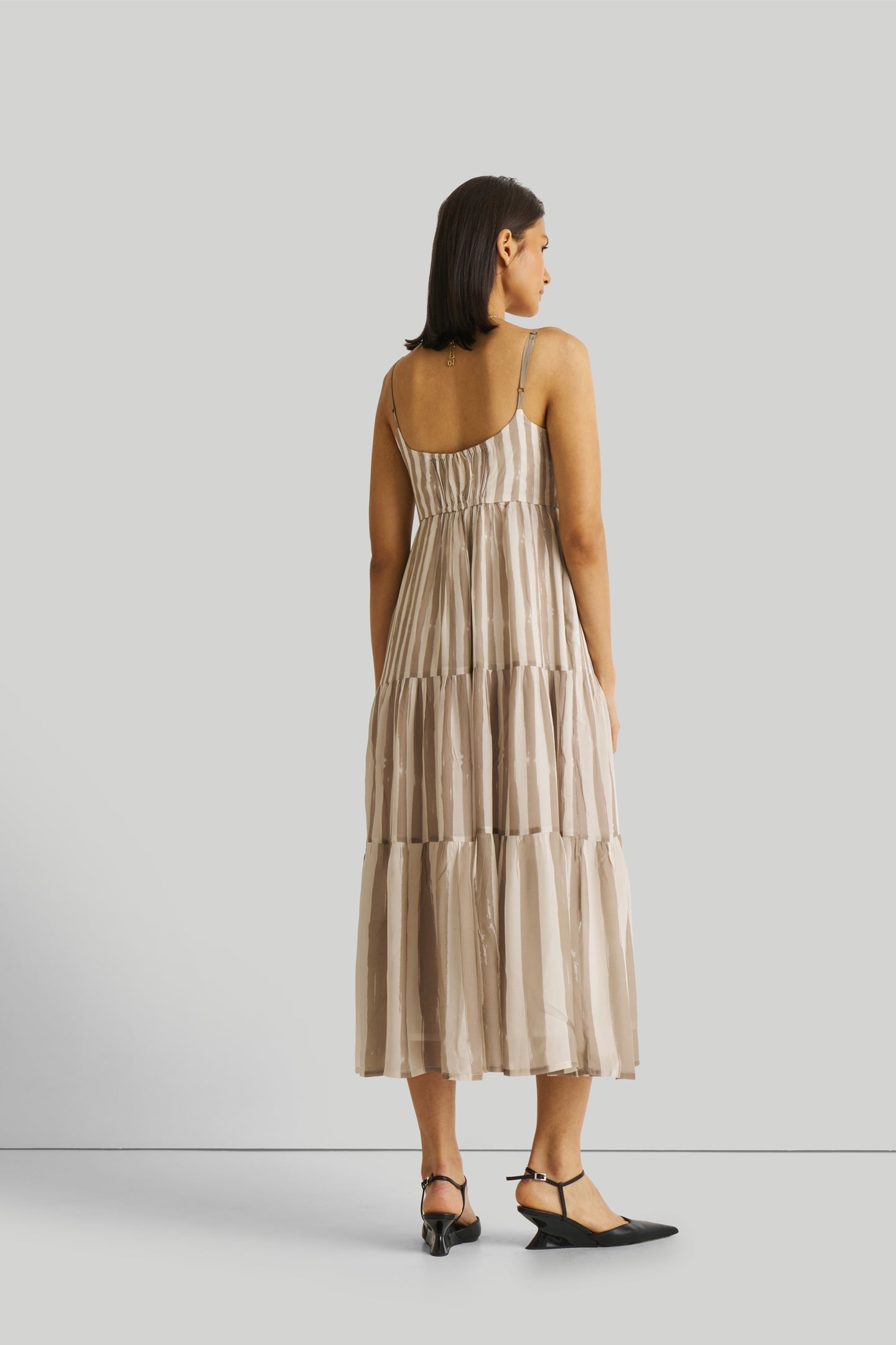 Strappy Tiered Maxi Dress in Beige Stripes Purplish Diva