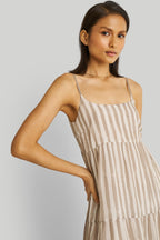 Strappy Tiered Maxi Dress in Beige Stripes Purplish Diva