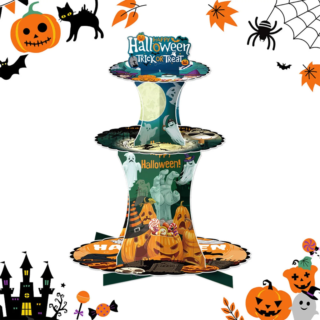 3-Tier Halloween Paper Dessert Stand - DIY Spooky Party Candy Display with Ghost/Pumpkin/Bat Printed Buffet Table Decor Lootquake LLC