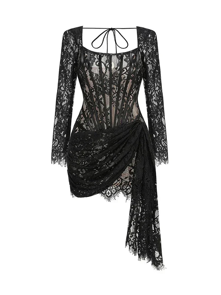 TARUXY Sexy Lace See-through Patchwork Corset Dress Female Bodycon Elegant Party MIrrgualr Mini Dress Women Tube Top Dress New