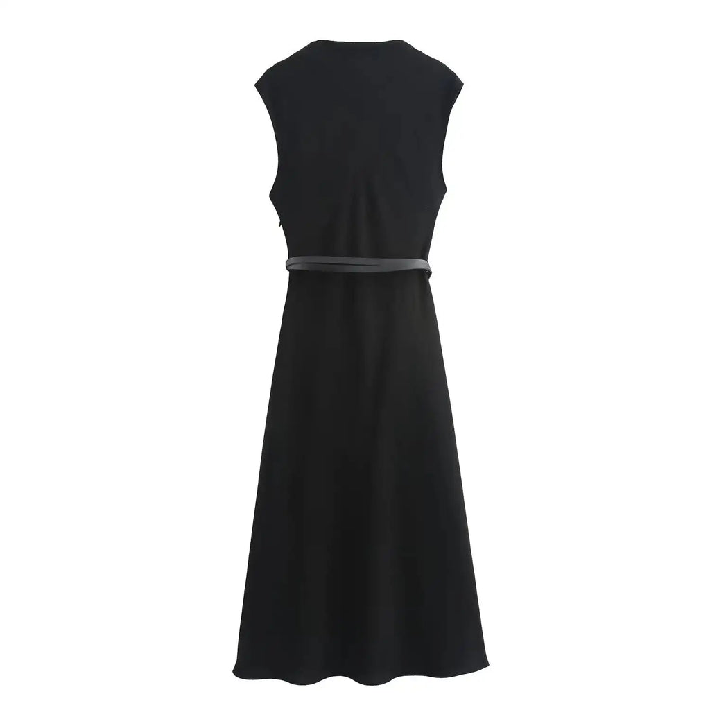 TRAFZA Women's Autumn New Fashion Versatile Belted Midi Slim Long Dress Female Elegant High Street Sleeveless Casual Dress Mujer