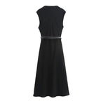 TRAFZA Women's Autumn New Fashion Versatile Belted Midi Slim Long Dress Female Elegant High Street Sleeveless Casual Dress Mujer
