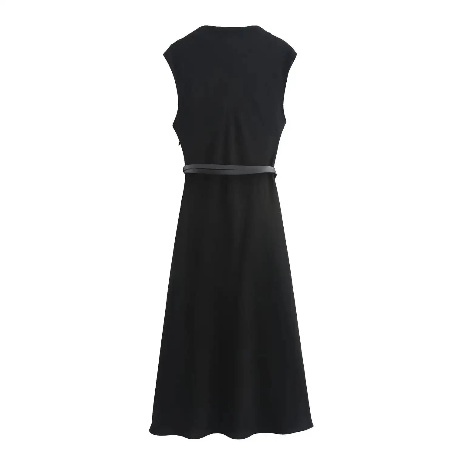TRAFZA Women's Autumn New Fashion Versatile Belted Midi Slim Long Dress Female Elegant High Street Sleeveless Casual Dress Mujer
