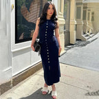 Fashion Knitted Long Dress For Women Elegant Sleeveless Button Maxi Sweater Bodycon Dresses Female Party Fashion Vestidos 2024 N