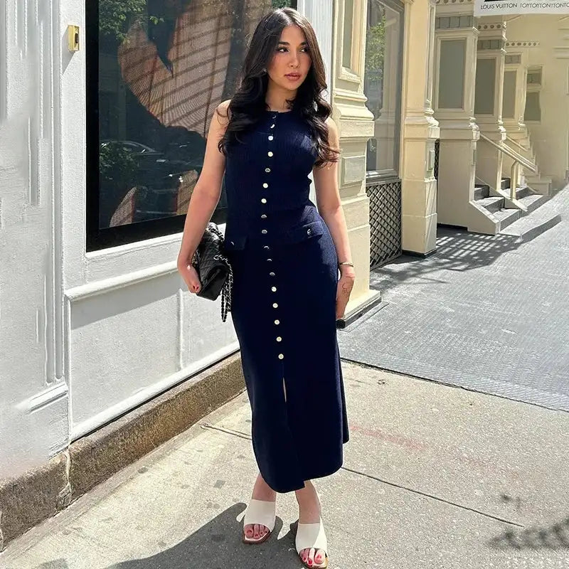 Fashion Knitted Long Dress For Women Elegant Sleeveless Button Maxi Sweater Bodycon Dresses Female Party Fashion Vestidos 2024 N