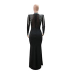 CM.YAYA Women Mesh See Through Long Sleeve Diamonds Hot Rhinestones Mermaid Long Dress Fall Evening Sexy Party Dresses Vestidos