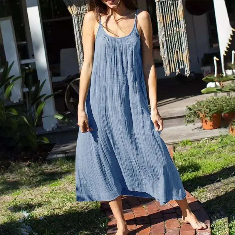 Casual 100% Cotton Summer Women's Long Dress Loose Solid Sleeveless Backless Streetwear Elegant  Female Dress Vestidos Robe Lootquake LLC