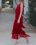 Spring and Summer New Fashion Fringed Slanted Shoulder Asymmetrical Dress for Women