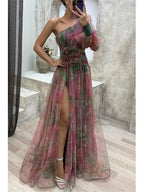 Elegant Oblique Shoulder Single-sleeve  Zipper High Slit Mesh Long Dress For Women Fashion Flower Decoration Party Dress Female