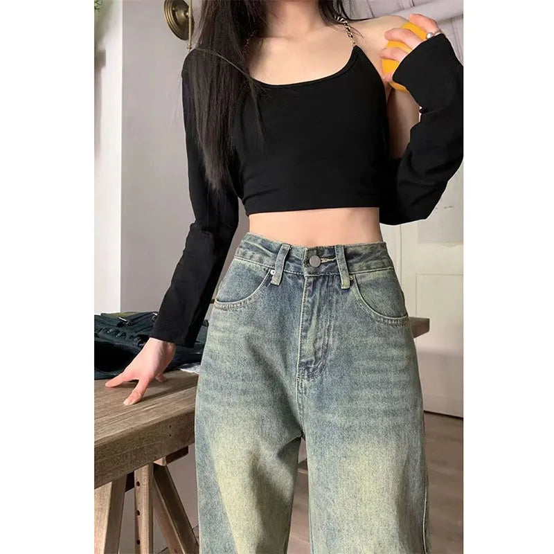 Vintage 90S Baggy Straight Denim Trousers Female Y2K High Waist Loose Wide Leg Jeans Women Streetwear All-Match Casual Pants New Lootquake LLC