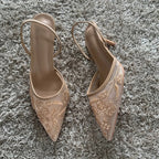 Mesh Embroidered Fashion Sandals Women String Bead High Heels Mules Shoes Pointed Toe Slingback Slippers Women Zapatos De Mujer