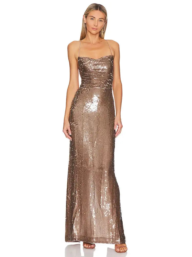 New Sexy Sleeveless Backless Lace-up Slim Long Dress Summer Elegant Pleated Backless Bright Sequins Dress Luxury Evening Dresses