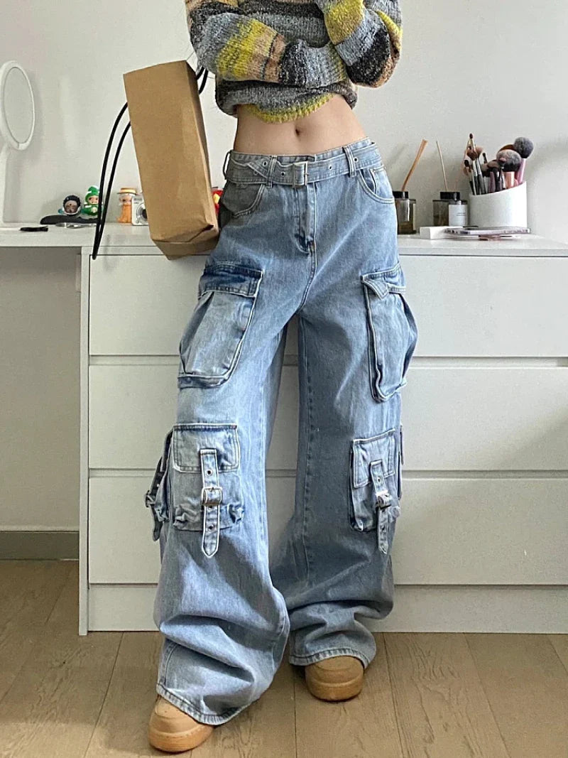 Autumn Winter New Ladies Cargo Jeans American Street Style Baggy Cargo Pants Women Blue Multi-pocket Wide Leg Jeans for Women Lootquake LLC