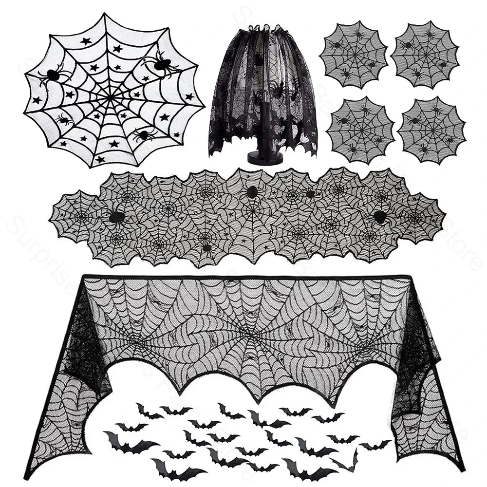 Halloween Decorations Set Spider Web Table Runner Fireplace Scarf Cover Tablecloth 3D Bats Wall Stickers Halloween Party Decor Lootquake LLC