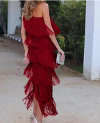 Spring and Summer New Fashion Fringed Slanted Shoulder Asymmetrical Dress for Women