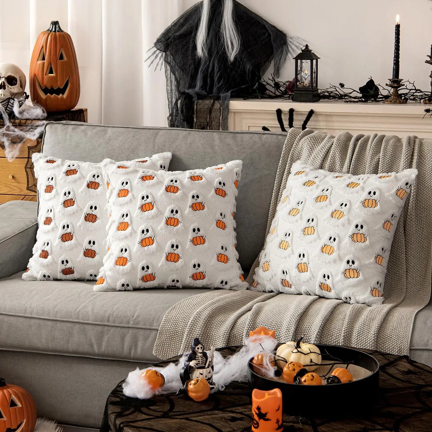 Halloween Decor for Bedroom Bed Living Room Sofa Cushion Cover White45X45CMCute Ghost Pumpkin Plush Faux Fur Pillow Covers Soft Lootquake LLC