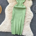 Green 2024 Sexy Summer Knit Short Sleeve Dress Women Squar Collar Waist Bodycon Sundress Female Beach  Backless Long Dress