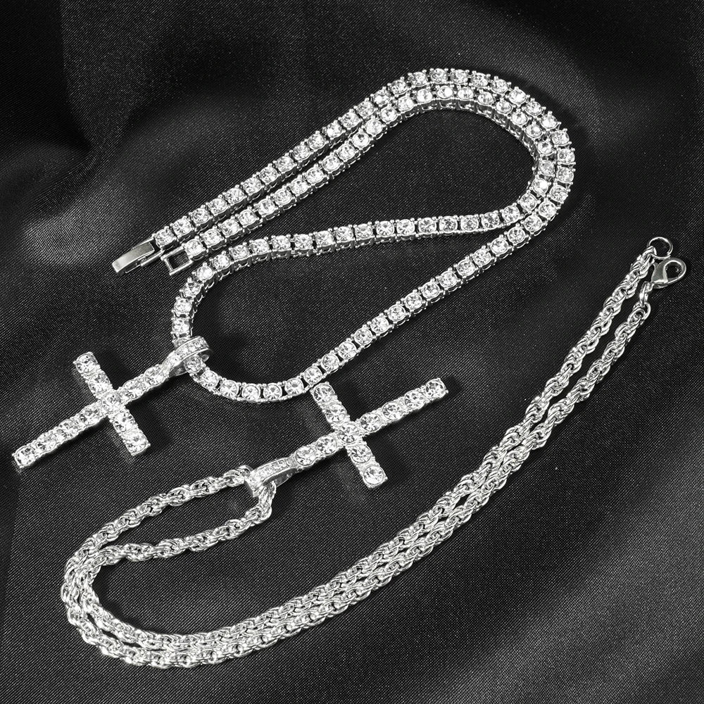 Hip Hop Cross Pendant Necklace Strap 4mm Zircon Tennis Chain Iced Out Sparkling Necklace Men Women Punk Jewelry Fashion Gift Lootquake LLC