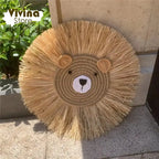 Nordic Hand Woven Lion Wall Hanging Ornaments Cartoon Animal Head Straw Weaving Children Room Wall Decor Tent Party Decoration