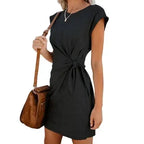 Dress Women Summer O-neck Short Sleeve Asymmetrical Lace Up Waist Solid Color Dresses 2022 Casual Vestidos Dropshipping JQMY9675