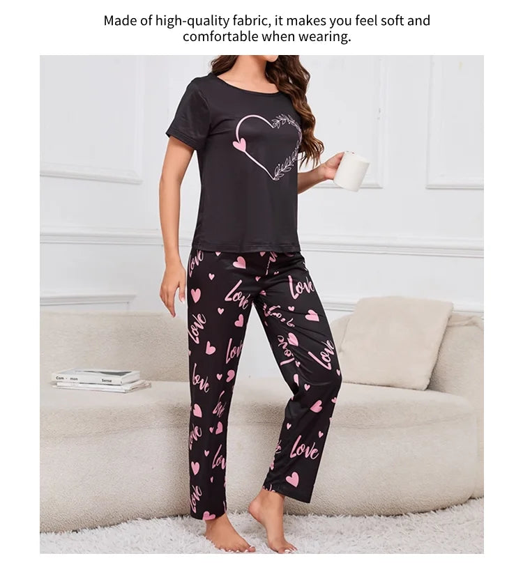 Women's Sleepwear Cozy Heart Print Relaxed Fit Pajama Set Short Sleeve Tee Top & Pants Nightwear 2 Piece Pyjama for All Seasons Lootquake LLC