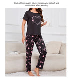 Women's Sleepwear Cozy Heart Print Relaxed Fit Pajama Set Short Sleeve Tee Top & Pants Nightwear 2 Piece Pyjama for All Seasons Lootquake LLC