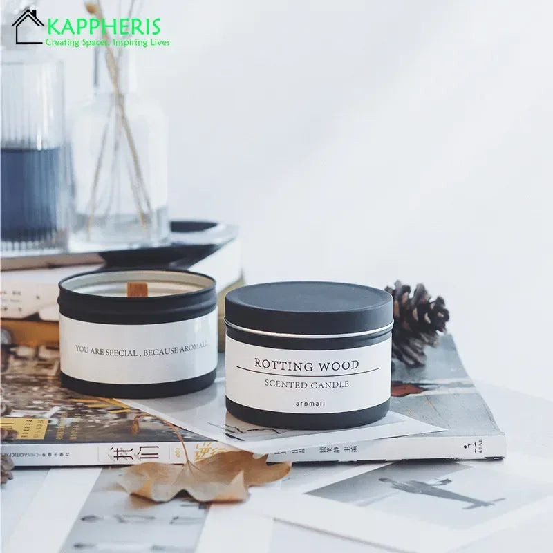 Black Tin Can Scented Aromatic Candles Wooden Wick Candle Jars with Lid Classic Home Decorative Candles Dried Flower Lootquake LLC