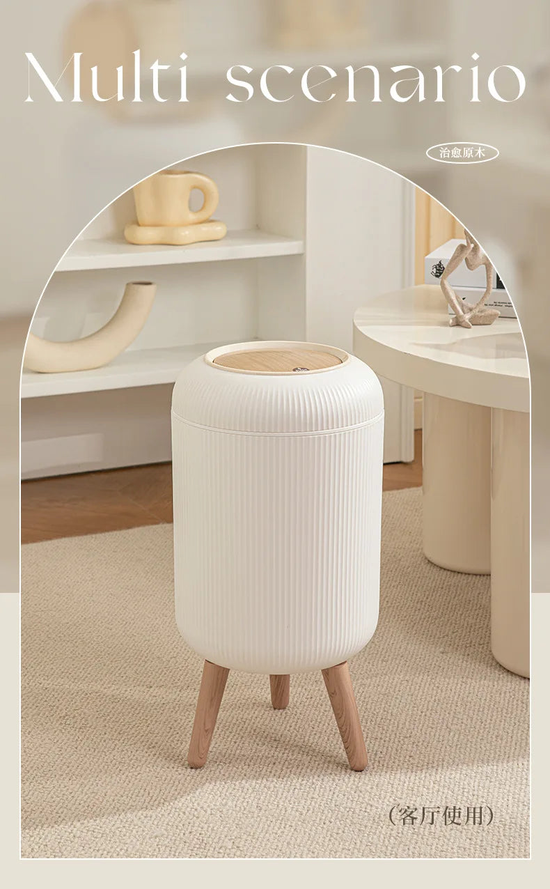 Imitation wood grain high foot garbage bin, press type with lid, household high-end feeling, light luxury garbage bin Lootquake LLC