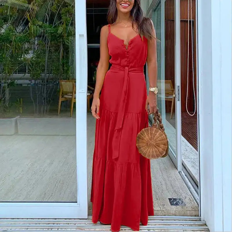 Elegant and Sexy Summer Women's V-neck Beach Dress with High Waist Waist Waist Waist Belt and Sling Long Dress for Party