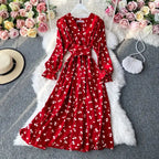 YuooMuoo Korean Fashion Cherry Print Women Dress 2025 New Spring Vintage Bandage Slim Waist Long Dress Elegant Party Vestidos