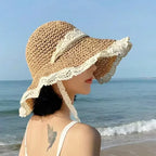 Summer Women's Lace Straw Beach Hat Foldable Sun Hat with Wide Brim Fresh Stylish Sunblock Shade Hat Perfect for Travel Holiday