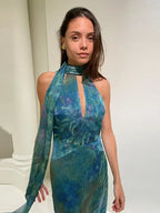 Sexy See Through Deep V Neck Maxi Dress Backless Sleeveless Lace Up Halter Robes Printed Party Vestidos 2025 New Lady Dresses