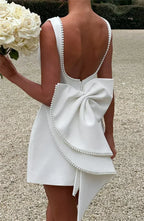 Mozision Pearl Bow Backless Sexy Mini Dress For Women Robe Fashion Zipper Sleeveless High Waist A-line Club Party Dress Elegant